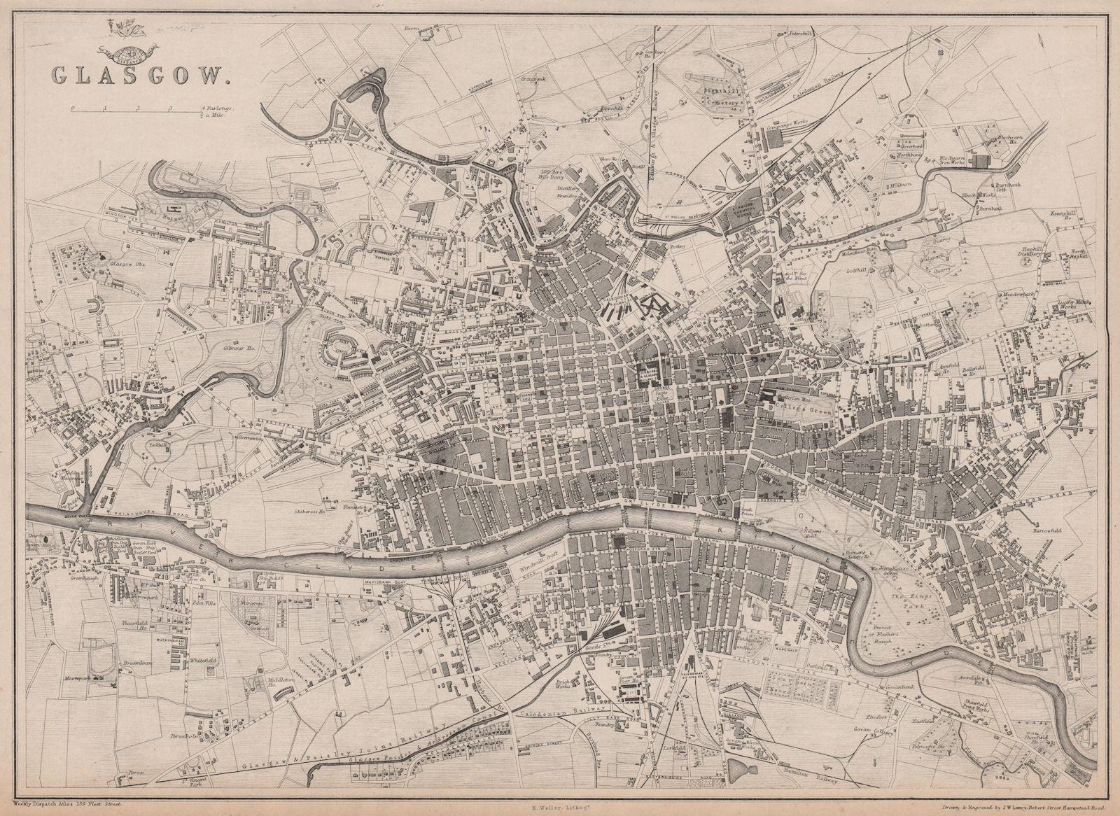 GLASGOW. Large town/city plan by EDWARD WELLER for the Dispatch Atlas 1863 map
